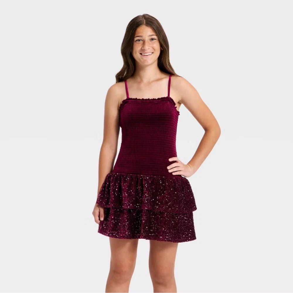 Art Class Girls' Stretch Velvet Sequin Dress - Berry Purple, L